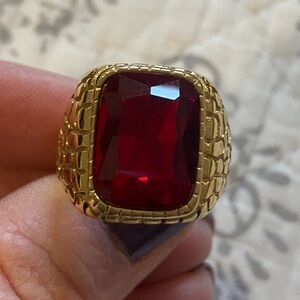Men's Gold-Tone Ring with Red Gemstone